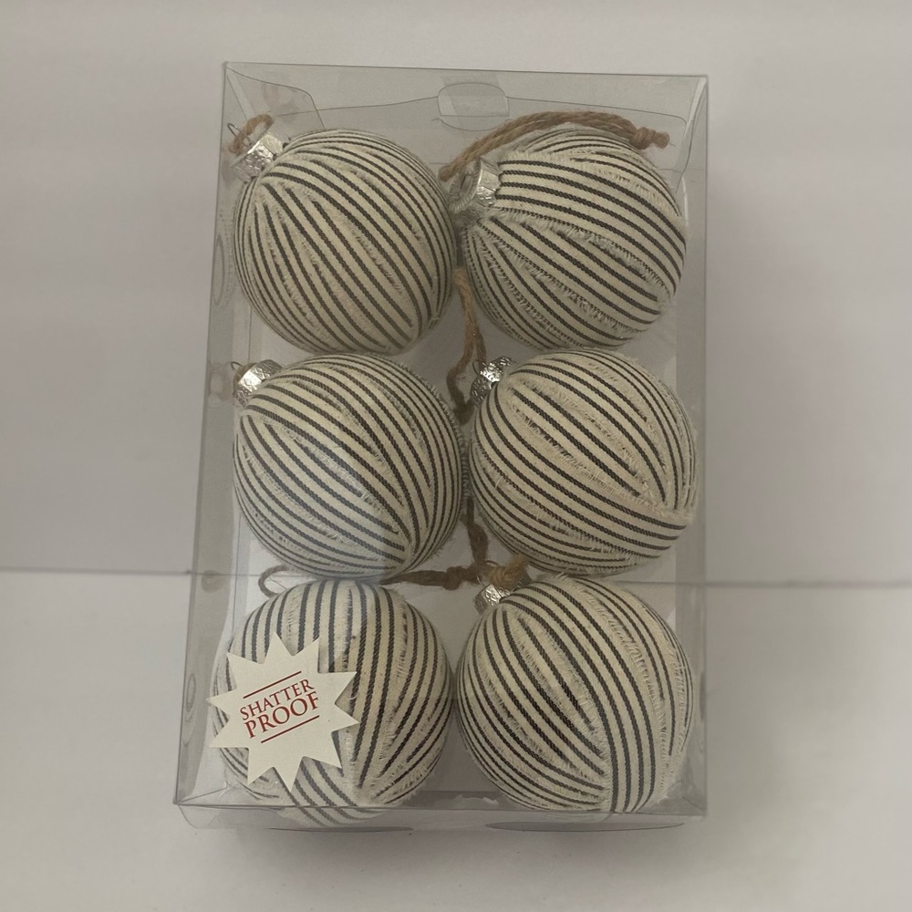 Ticking Ball Striped Ornaments Black/Cream Set of 6 Farmhouse Shatterproof - Picture 2 of 2